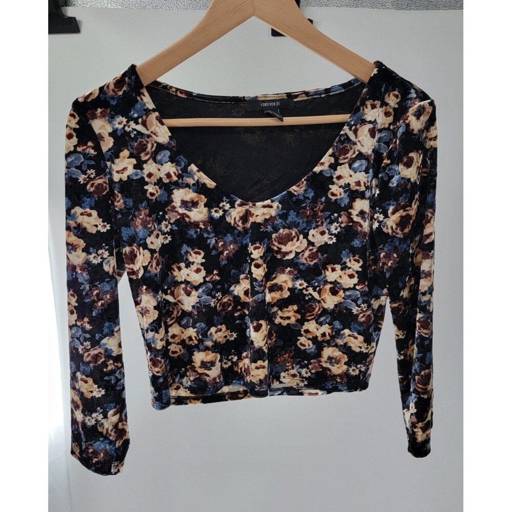 Y2K Cropped Floral Velvet Top Black Long Sleeve Forever 21 Stretch Purple